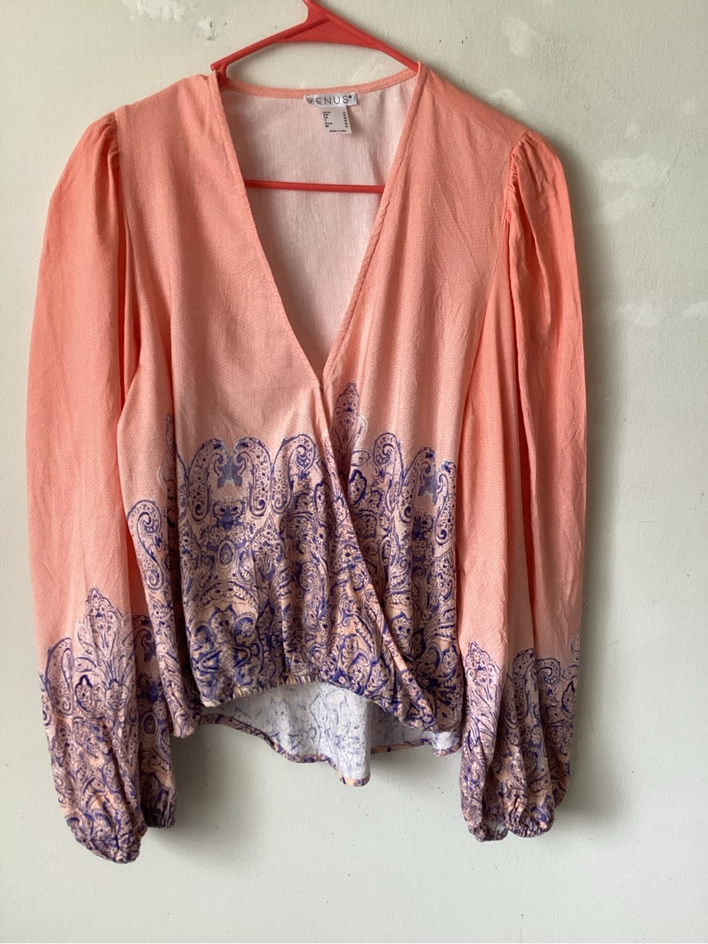 VENUS Coral Pink Paisley Wrap Top with Purple Border